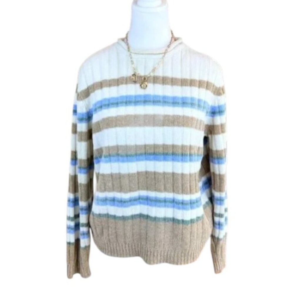 Classic Elements Sweater Chenille Striped Cream Tan Blue  (M)